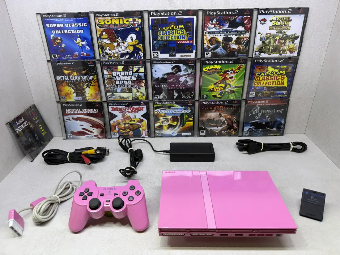 PS2 Slim Pink > 16 CD / 100 igara / PES + Crash …